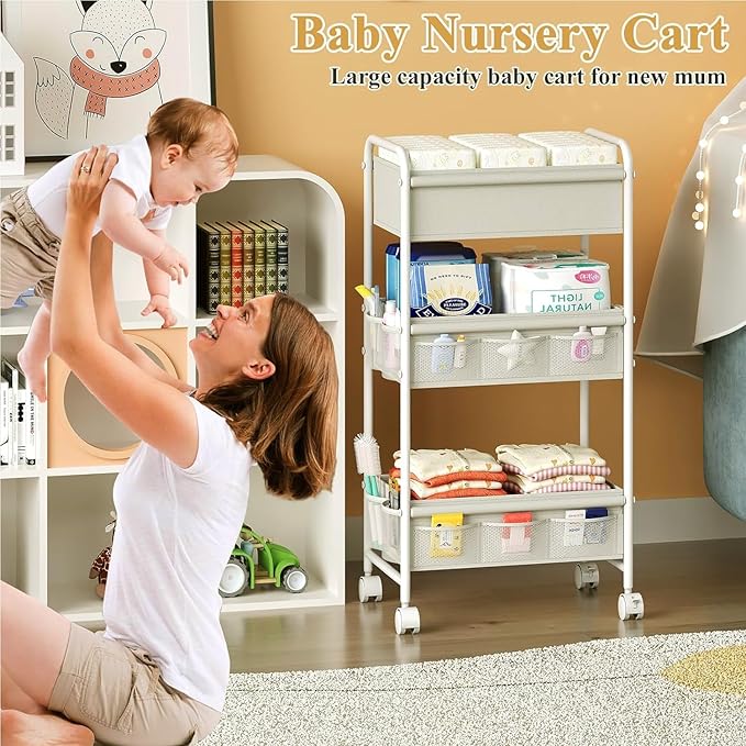 3-Tier Baby Diaper Caddy Cart Organizer,Mobile Nursery Storage Carts with Wheels,With 2 Dividers&14 Mesh Pockets Durable Meta