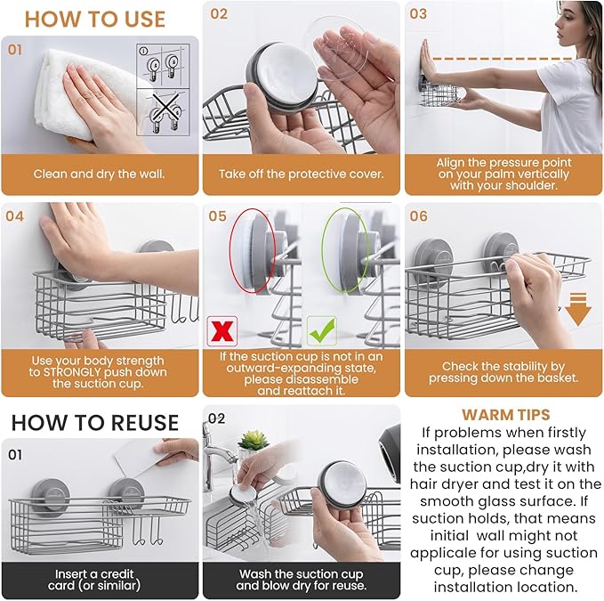 LEVERLOC Shower Caddy Suction Cup, Heavy Duty Bathroom Organizer for Inside Shower with Hooks & Soap Holder， NO-Drilling Bath