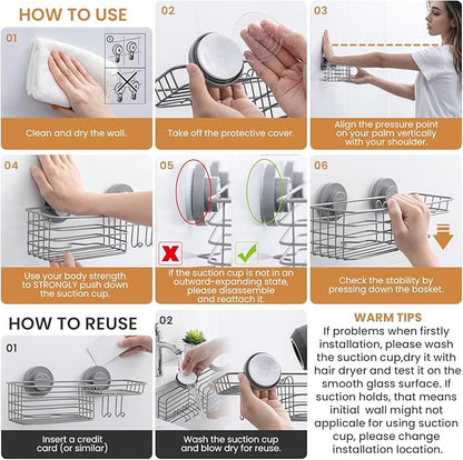 LEVERLOC Shower Caddy Suction Cup, Heavy Duty Bathroom Organizer for Inside Shower with Hooks & Soap Holder， NO-Drilling Bath