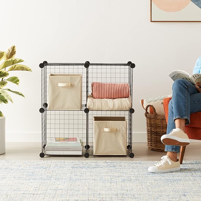 Amazon Basics 4 Cube Wire Grid Storage Organizer, Closet Organizer and Shelves, Stackable, Space-Saving, Easy to Assemble, 14