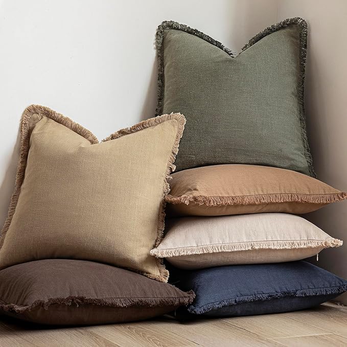 Foindtower Set of 2 Decorative Linen Fringe Throw Pillow Covers Boho Farmhouse Cushion Cover with Tassels Soft Accent Pillowc