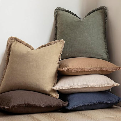 Foindtower Set of 2 Decorative Linen Fringe Throw Pillow Covers Boho Farmhouse Cushion Cover with Tassels Soft Accent Pillowc