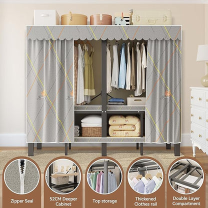 Heavy Duty Clothes Rack with Cover, Portable Wardrobe Closet with Magnetic Door & Black Steel Frame, Foldable Freestanding Ga