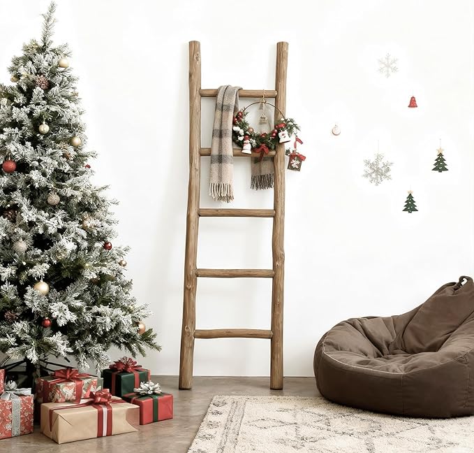 Wooden Blanket Ladder Natural & Motley Wood - Leaning Wall Decor for Bedroom, Bathroom, Living Room - Rustic Quilt Holder & T
