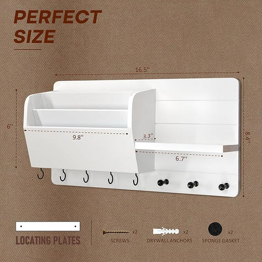 Rebee Vision Pine Wood Modern Key Holder Wall Mount for Home Decor - Mail Holder Wall Mounted with Shelf, Hooks & Mail Slot f