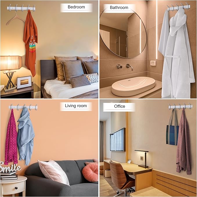 White Coat Rack Wall Mount – 15 Inch Stainless Steel Hook Rail with 5 Heavy Duty Double Coat Hooks – Wall Mounted Coat Hanger