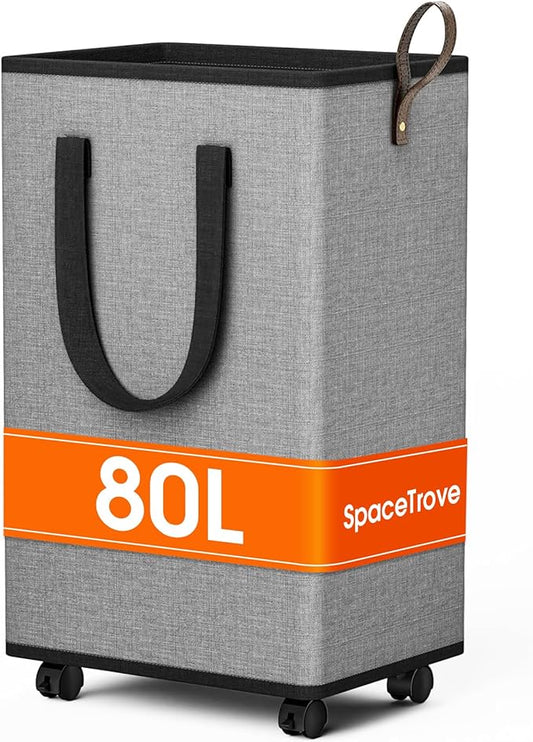 SpaceTrove Laundry Basket with Wheels, Collapsible Laundry Baskets, Laundry Hamper with Handles Detachable Wheels, Rolling La