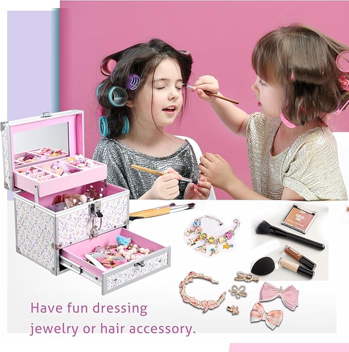 Hododou Girls Jewelry Box Organizer with Drawer & Mirror, Shiny Pink Style Lockable Storage Case for Kid or Little Girls Jewe
