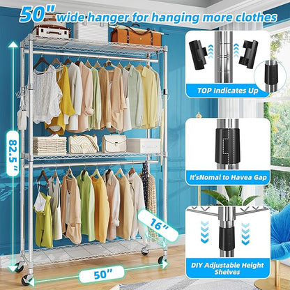 Simple Trending Clothing Garment Rack with 3 Tiers Storage Shelves, Heavy Duty Rolling Clothes Organizer Double Rods with Whe
