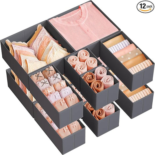 SONGMICS Drawer Organizer, Dresser Drawer Organizers, Set of 12, Foldable Fabric Storage Bins for Socks, Underwear, Bras, Tie