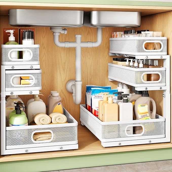 Kitstorack Under Sink Organizer, 2-Pack 3-Tier Height Adjustable Thickened Metal Pull out Cabinet Organizer Shelf, Slide out 