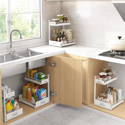 Under Sink Organizer,2 Tier Slide Out Kitchen Cabinet Organizers with Pulley,Under Bathroom Sink Pull Out Organizer with Mult