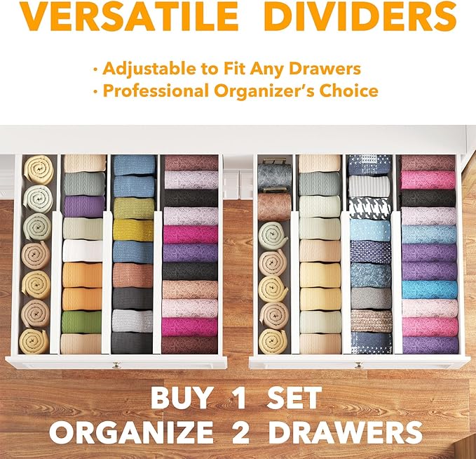 SpaceAid Bamboo Dresser Drawer Dividers 6 Pack, (Need 4.65" Deep Drawer) Adjustable 12.5“-17” Organizers, Expandable Organiza