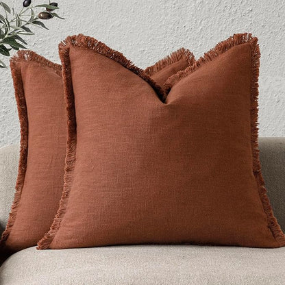 Foindtower Set of 2 Decorative Linen Fringe Throw Pillow Covers Farmhouse Cushion Cover with Tassels Soft Accent Pillowcase f