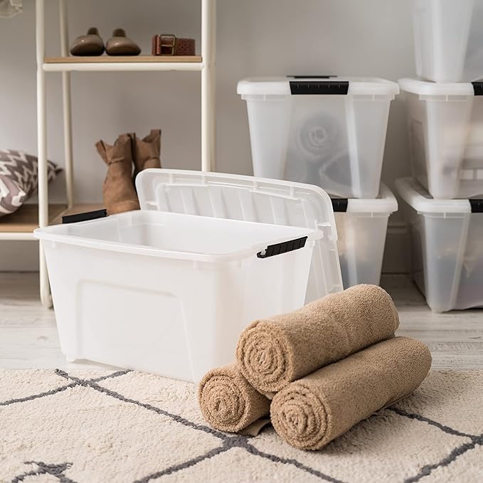 IRIS USA 32 Qt Stackable Plastic Storage Bins with Lids, 4 Pack - BPA-Free, Made in USA - Discreet Organizing Solution, Latch