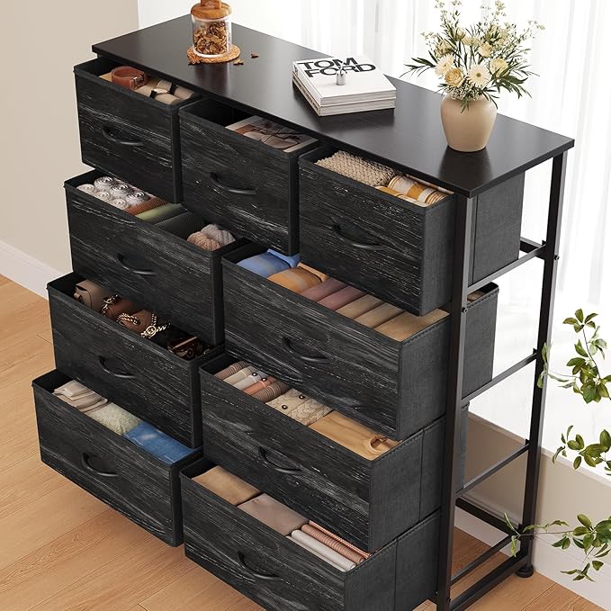 DUMOS 9 Drawer Dresser for Bedroom, Fabric Storage Organizer with Sturdy Metal Frame, Wooden Top Chest of Drawers for Closet 