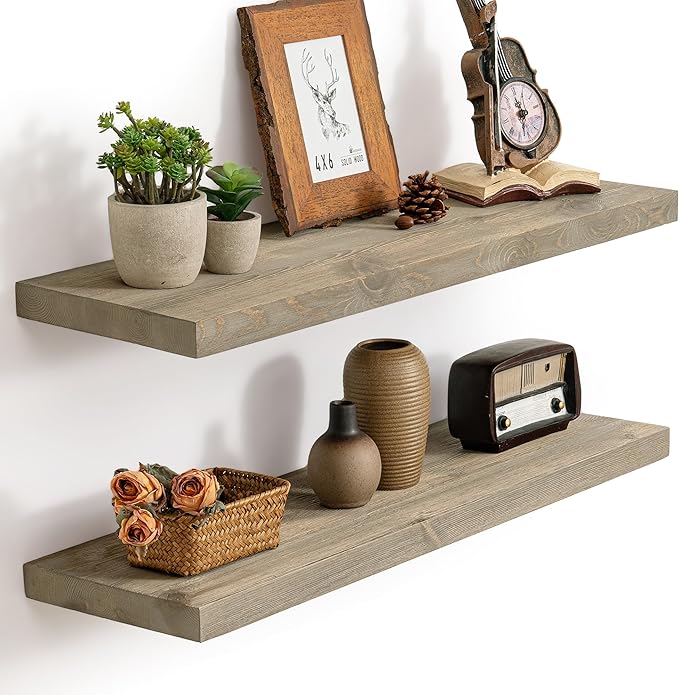 Marsmiles 30 Inch Floating Shelves | 9.3 Inch Deep Grey Wood Wall Shelves Set of 2 | Rustic Reclaimed Wood Shelves for Room W