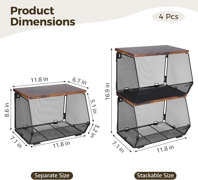 Joyibay 4 Pcs Stackable Fruit Baskets, Metal Mesh Wall Storage Baskets with Wooden Lids, Folding Wire Organizers for Kitchen 