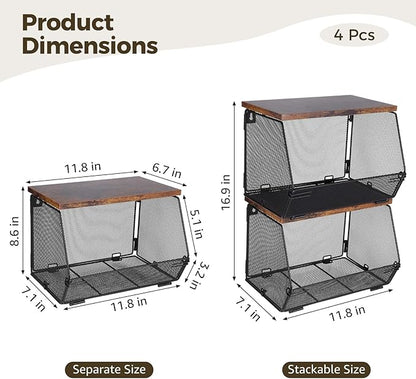 Joyibay 4 Pcs Stackable Fruit Baskets, Metal Mesh Wall Storage Baskets with Wooden Lids, Folding Wire Organizers for Kitchen 