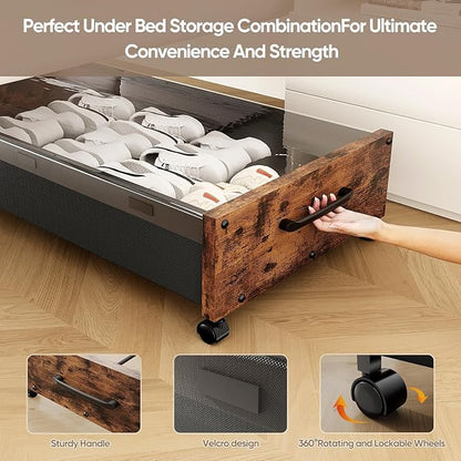 Under Bed Storage with Wheels, 2 Packs Wooden Storage Containers Extra Large Underbed Shoes Organizer, Rolling Under Bed Stor