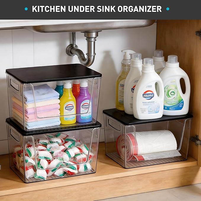 Pantry Organizers Storage, Under Sink Organizer Trash Bag Holder with Bamboo Lids Large Capacity Clear Storage Bins for Onion