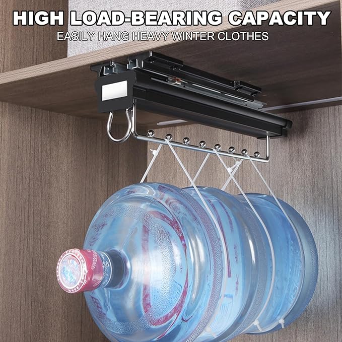 Heavy Duty Pull Out Clothes Rail - Extendable Steel Closet Rod Hanger Rack with Buffer System, Adjustable Storage Solution fo