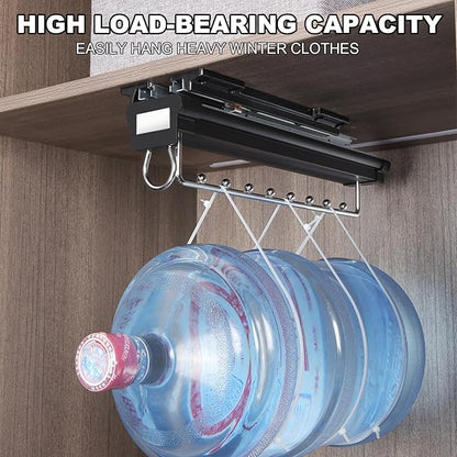 Heavy Duty Pull Out Clothes Rail - Extendable Steel Closet Rod Hanger Rack with Buffer System, Adjustable Storage Solution fo