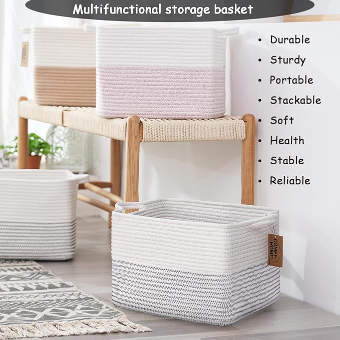 COMFY-HOMI Cotton Rope Woven Basket with Handles for Shelves,Toys,Book, Cloth Storage Baskets Bin for Organizing-13.5"x11"x9.