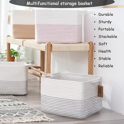 COMFY-HOMI Cotton Rope Woven Basket with Handles for Shelves,Toys,Book, Cloth Storage Baskets Bin for Organizing-13.5"x11"x9.