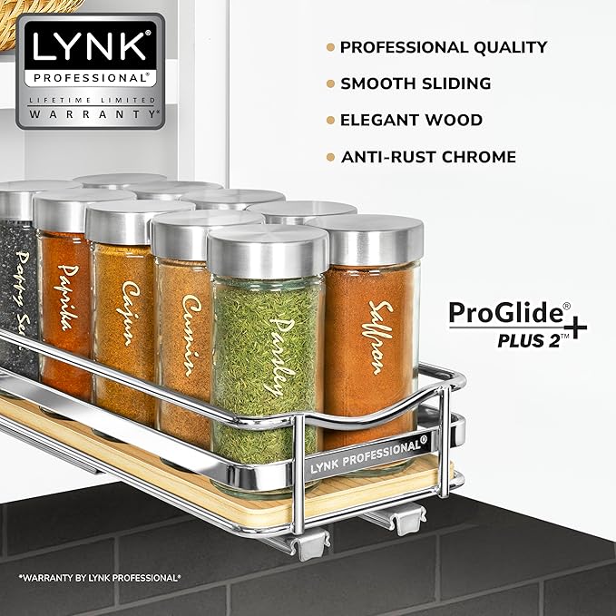 LYNK PROFESSIONAL® Élite™ Pull Out Spice Organization for Cabinets - 4-3/8 inch Wide – Spice Rack for Inside Cabinets – Wood/