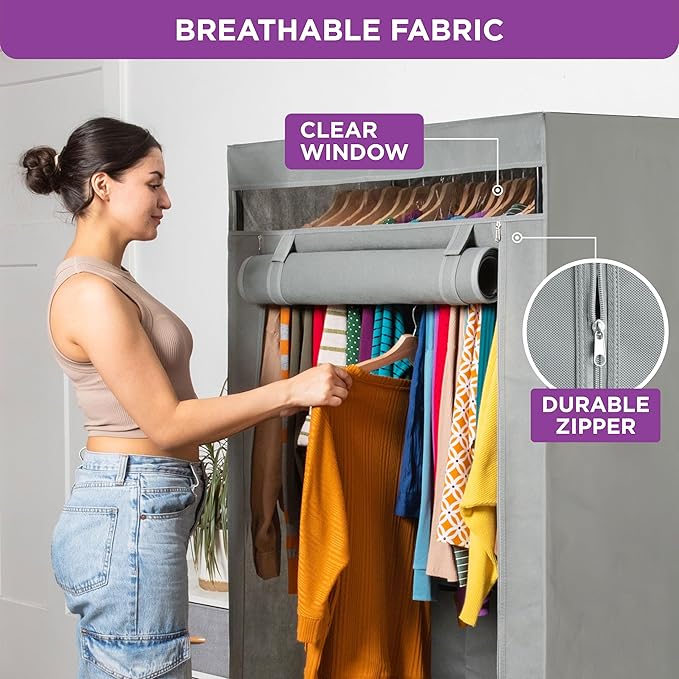 HOLDN’ STORAGE Portable Wardrobe Closet - 50 lb Capacity, Internal Heavy Duty Metal Rod, Zipper & Clear Window, Durable Cloth