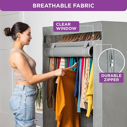 HOLDN’ STORAGE Portable Wardrobe Closet - 50 lb Capacity, Internal Heavy Duty Metal Rod, Zipper & Clear Window, Durable Cloth