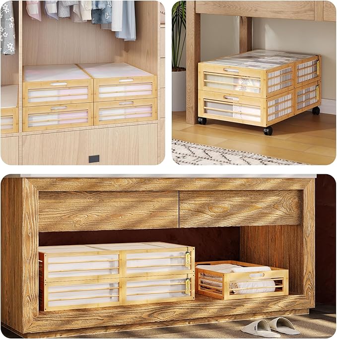 Bamboo Underbed Storage Containers with Wheels & Bag, Large Under Bed Rolling Storage Bins Wood Under Bed Clothes Storage Sta