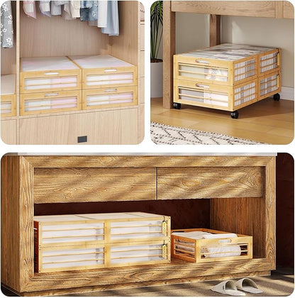 Bamboo Underbed Storage Containers with Wheels & Bag, Large Under Bed Rolling Storage Bins Wood Under Bed Clothes Storage Sta