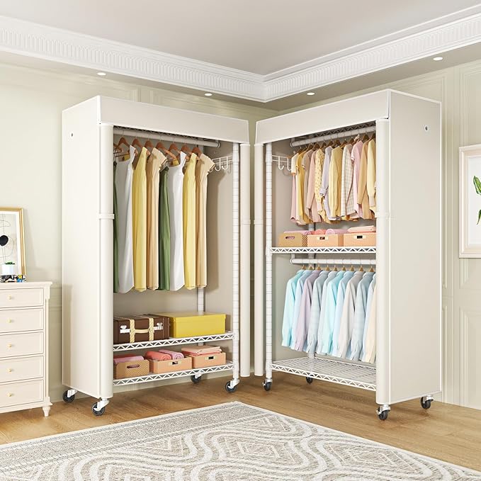 FUTASSI White Clothing Rack with Beige Cover, P1C Rolling Closets with Wheels, Metal Garment Rack for Hanging Clothes, Clothi