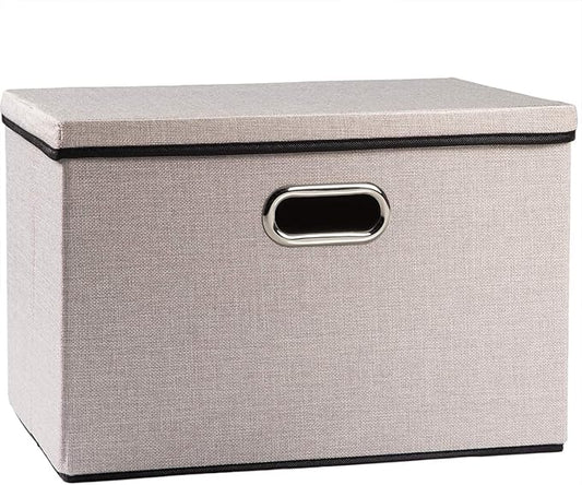 PRANDOM Large Foldable Storage Bin with Lid [1-Pack] Linen Fabric Decorative Storage Box Organizer Container Basket Cube with