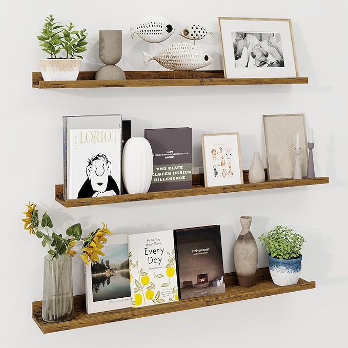 Axeman 40 Inch Floating Shelves | Brown Picture Ledge Shelf Set of 3 | Rustic Brown Wood Wall Shelves with Lip | 40" Picture 