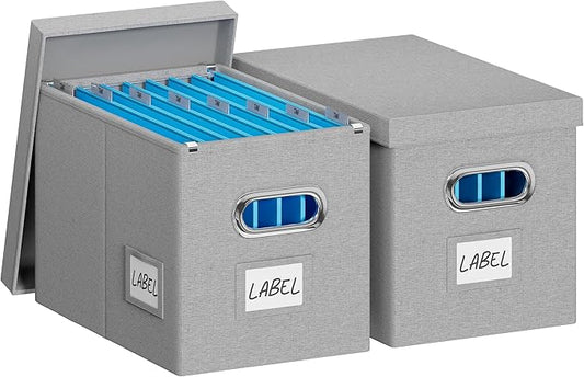 File Organizer Box with Lid - Set of 2 Portable Hanging File Box, Collapsible Linen Decorative Filing Storage Boxes for Offic