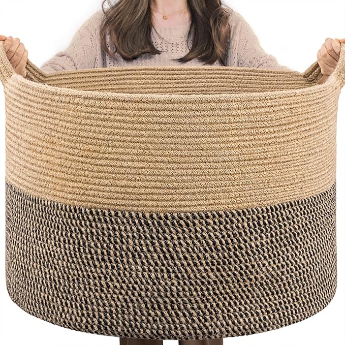 INDRESSME Extra Large Woven Baskets for Storage, 21.7 x 13.8 Blanket Basket Living Room Wicker Storage Basket for Organizing 