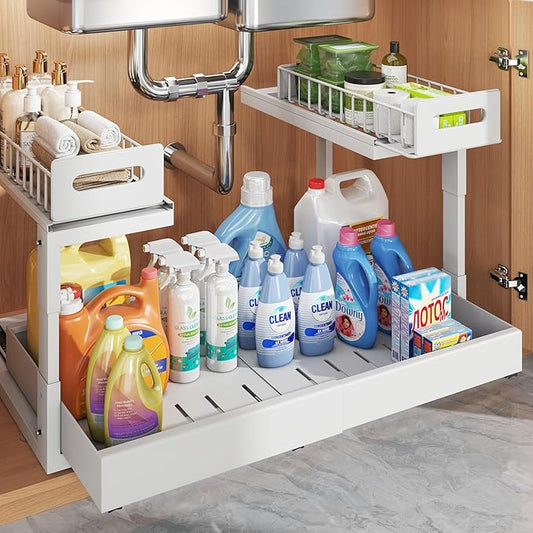 1 Pack Expandable Under Sink Organizers And Storage With Upgrade Ball-Bearing Slide Tracks,2-Tier Pull Out Under Cabinet Orga