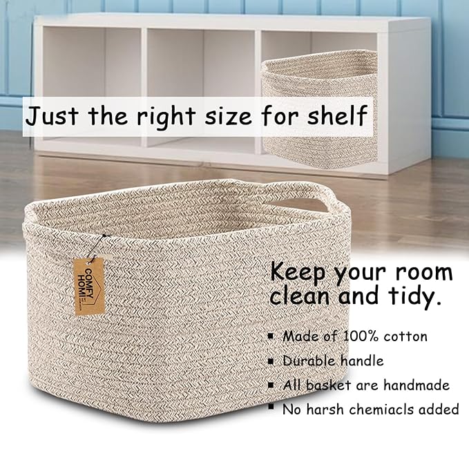 COMFY-HOMI 3PACK Cotton Rope Woven Basket With Handles for Shelves, Toy, Book, Cloth Storage Basket for Organizing|13.5" x 11