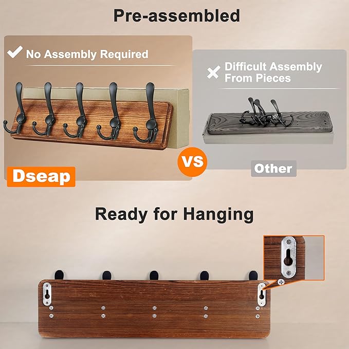 Dseap Coat Rack Wall Mounted - 5 Tri Hooks, Heavy Duty, Wooden Wall Coat Hanger Coat Hook for Clothes Hat Jacket Clothing, Wh
