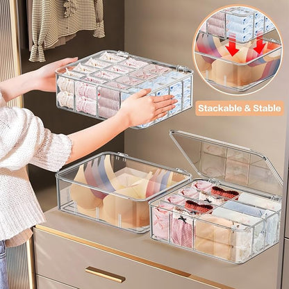 2pcs Sock Underwear Organizer, Sunoyar 16 Compartment Adjustable Dividers Tie Bras Socks Underwear Drawer Organizers for Clos