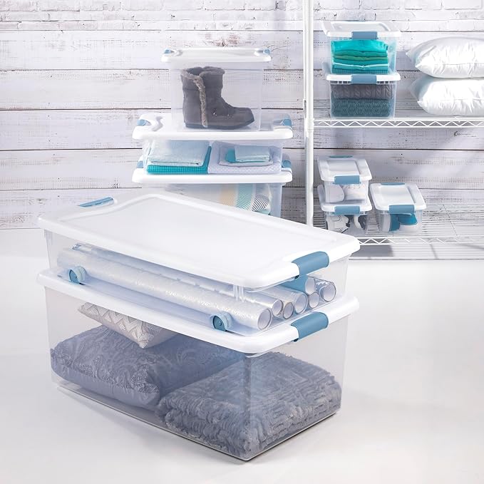 Sterilite 12-Pack Latching Box, Under Bed Storage Bins with Lids, Clear Plastic, 32 Quart - Heavy-Duty Organizing Containers 