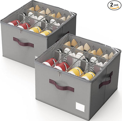Criusia Shoe Organizer for Closet, 2 Pack Shoe Organizer with Transparent Cover and Sturdy Handles, Closet Shoe Storage for S
