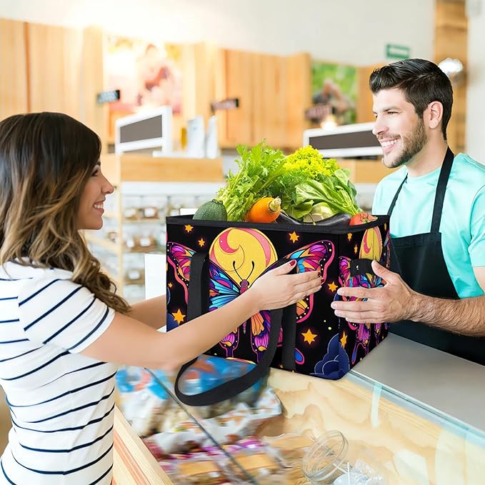 Reusable Grocery Bags Heavy Duty Shopping Bags Foldable Large Tote Bags with Long Handles & Hard Bottom