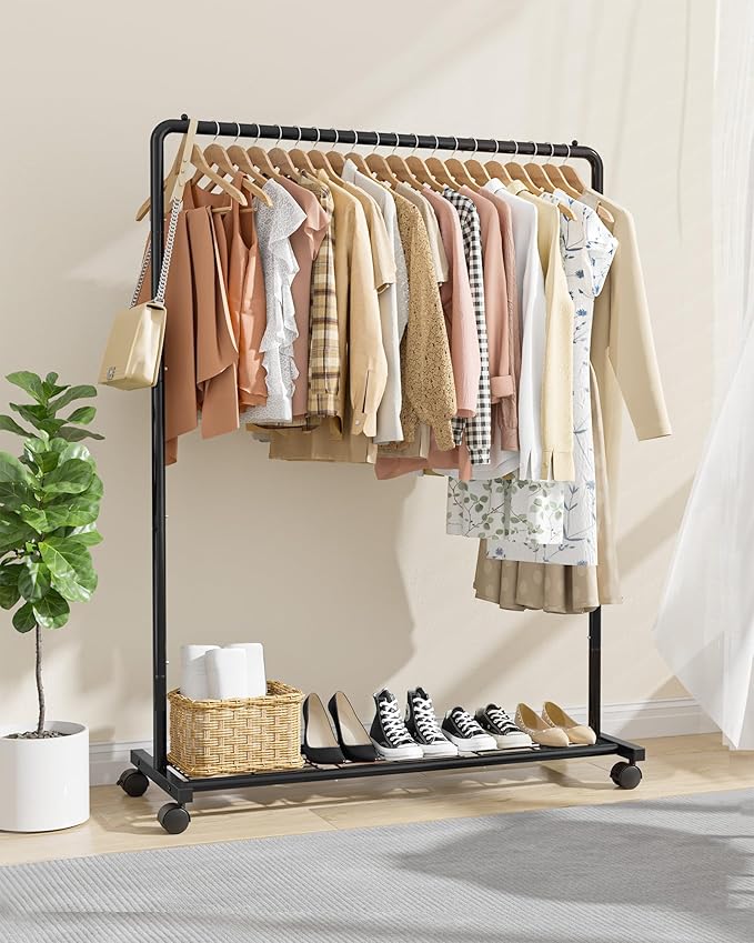 Sakugi Clothes Rack - Clothing Rack with Storage Mesh Shelf & Casters, Heavy-Duty Metal Clothing Rack for Hanging Clothes, Dr