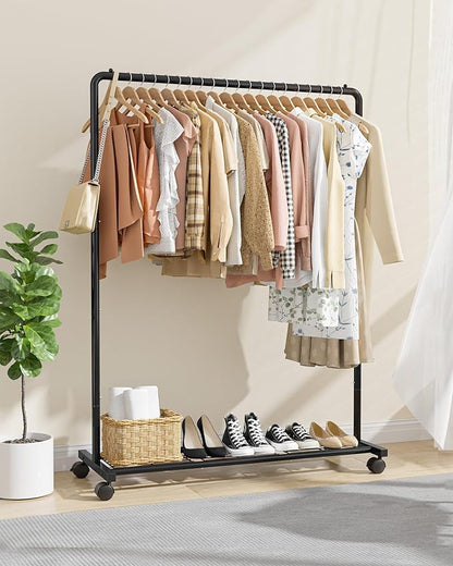 Sakugi Clothes Rack - Clothing Rack with Storage Mesh Shelf & Casters, Heavy-Duty Metal Clothing Rack for Hanging Clothes, Dr