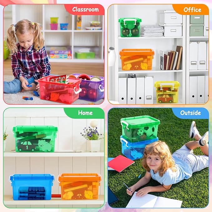 6 Pack 4 Quart Colorful Plastic Storage Bins with Lids Stackable Storage Bins with Latching Lids Handle Clear Colored Storage