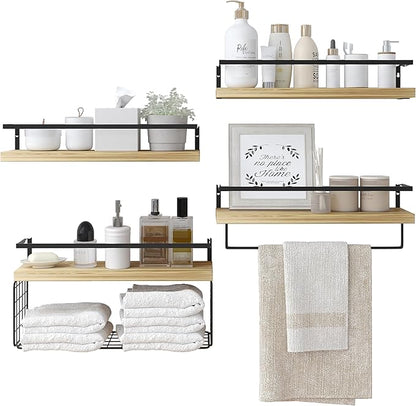 Wood Floating Shelves Wall Mounted - 4+1 Tier Rustic Bathroom Wall Shelves Over Toilet with Wire Storage Basket and Towel Bar